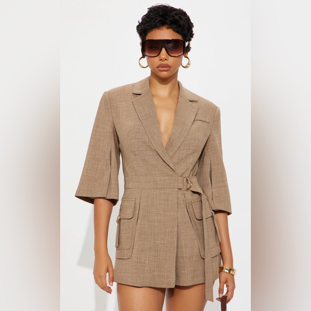 Fashion Nova Tan Belted Jumpsuit